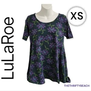 LuLaRoe Perfect Tee XS Purple Green Pixel Floral High-Low Flared Swing Top